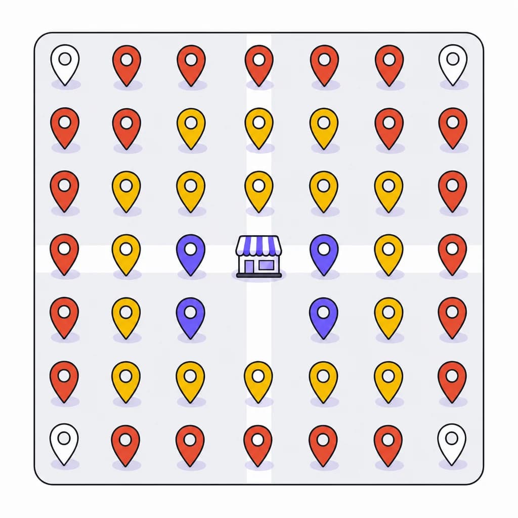 Ranking grid measured from 49 points around the business. Each dot is the rank someone searching from that point would see.