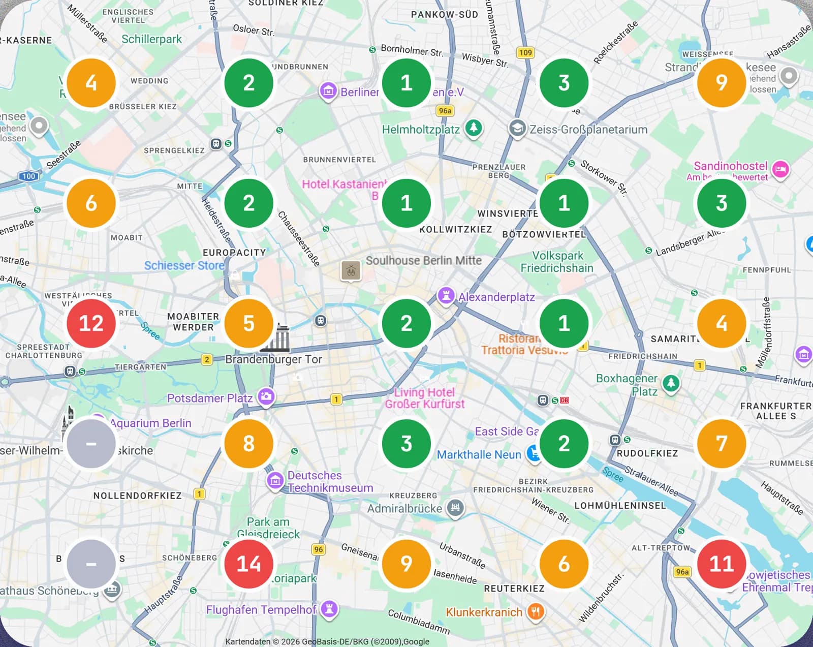 Karte von Berlin mit 25 Punkten: an jedem Ihr Platz bei einer Suche von dort