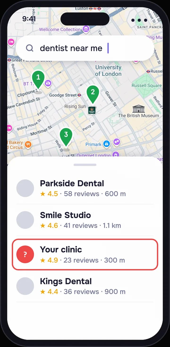 After: the same search, the clinic near the top