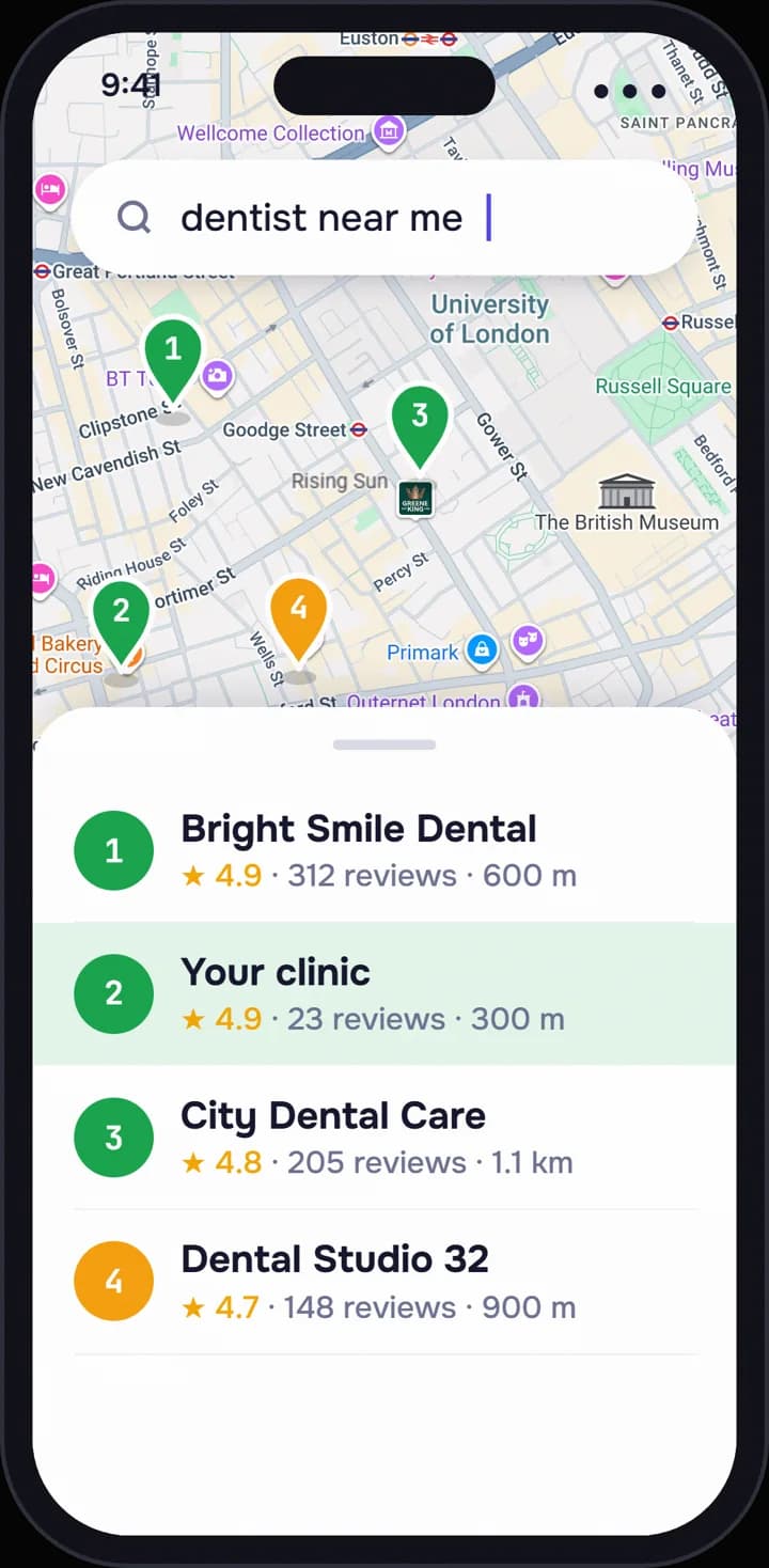 After: the same search, the clinic near the top