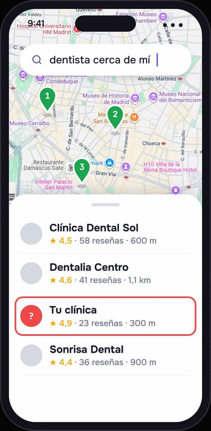 Después: la misma búsqueda; la clínica, arriba en la lista