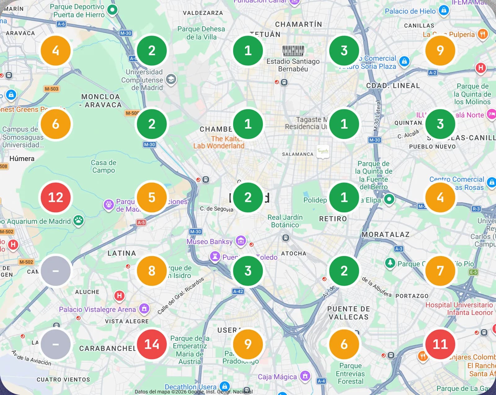 Mapa de Madrid con 25 puntos: en cada uno, tu puesto en una búsqueda desde ahí