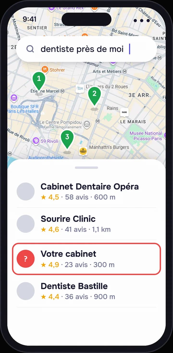 Après : la même recherche, le cabinet en haut de la liste