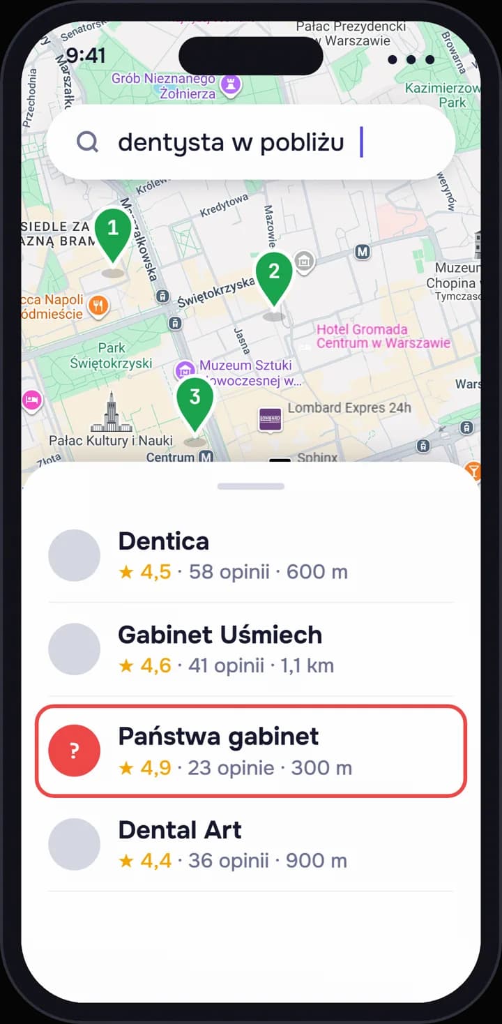Po: to samo wyszukiwanie, gabinet na górze listy