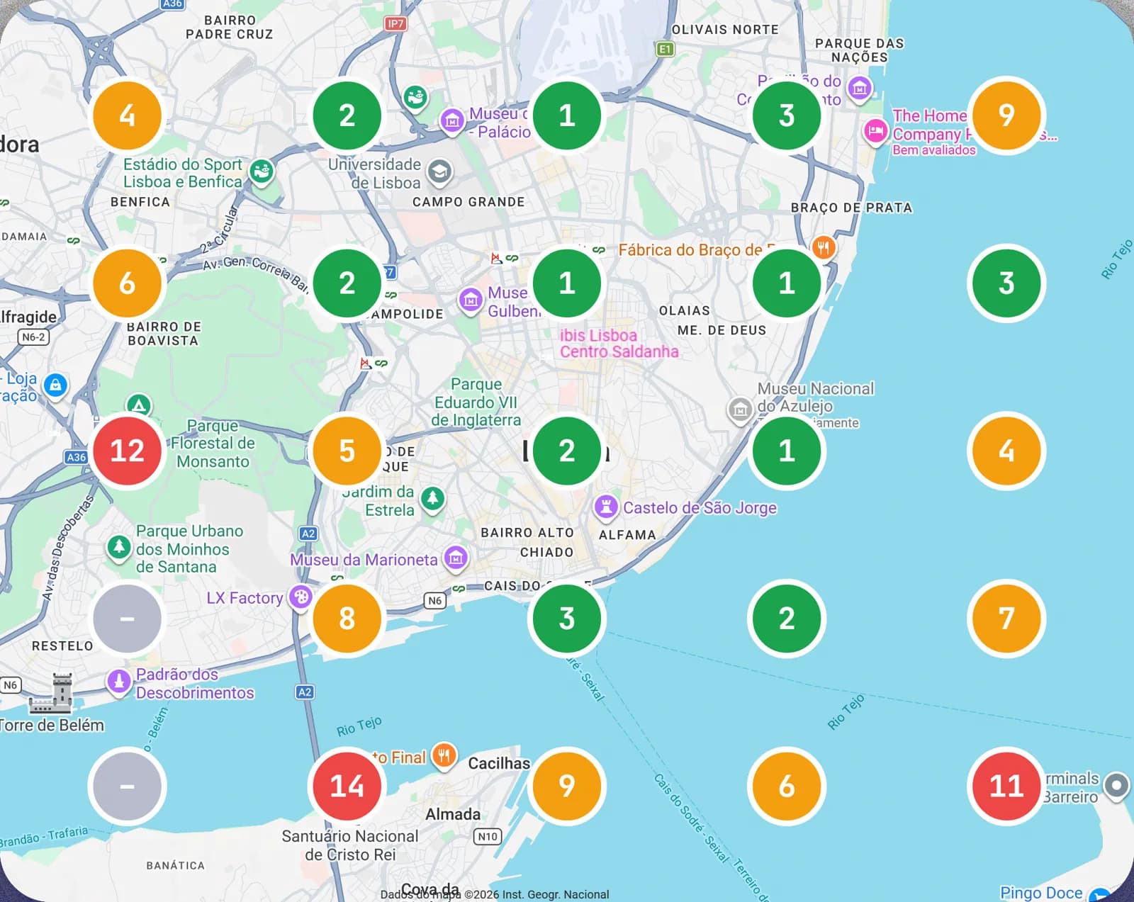 Mapa de Lisboa com 25 pontos: em cada um, a sua posição numa pesquisa feita dali