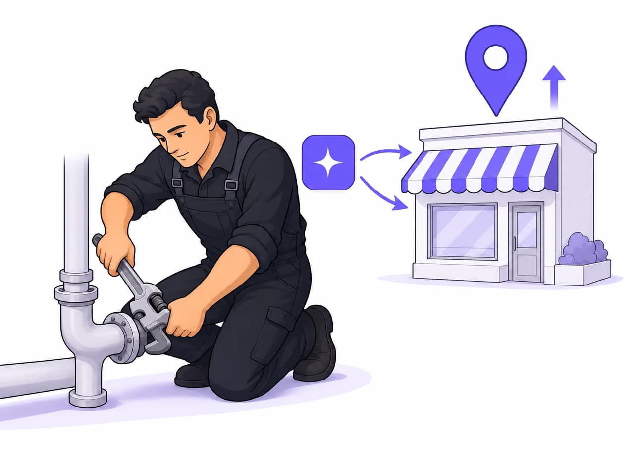 The owner working on a job while Rank Pilot fixes the shop’s profile behind them and its map pin rises.