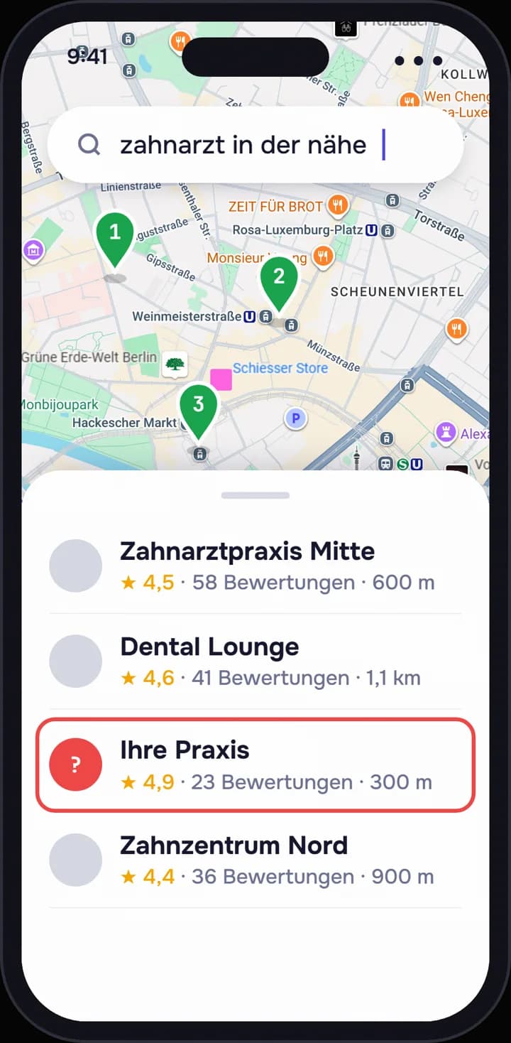 Nachher: dieselbe Suche, die Praxis oben in der Liste