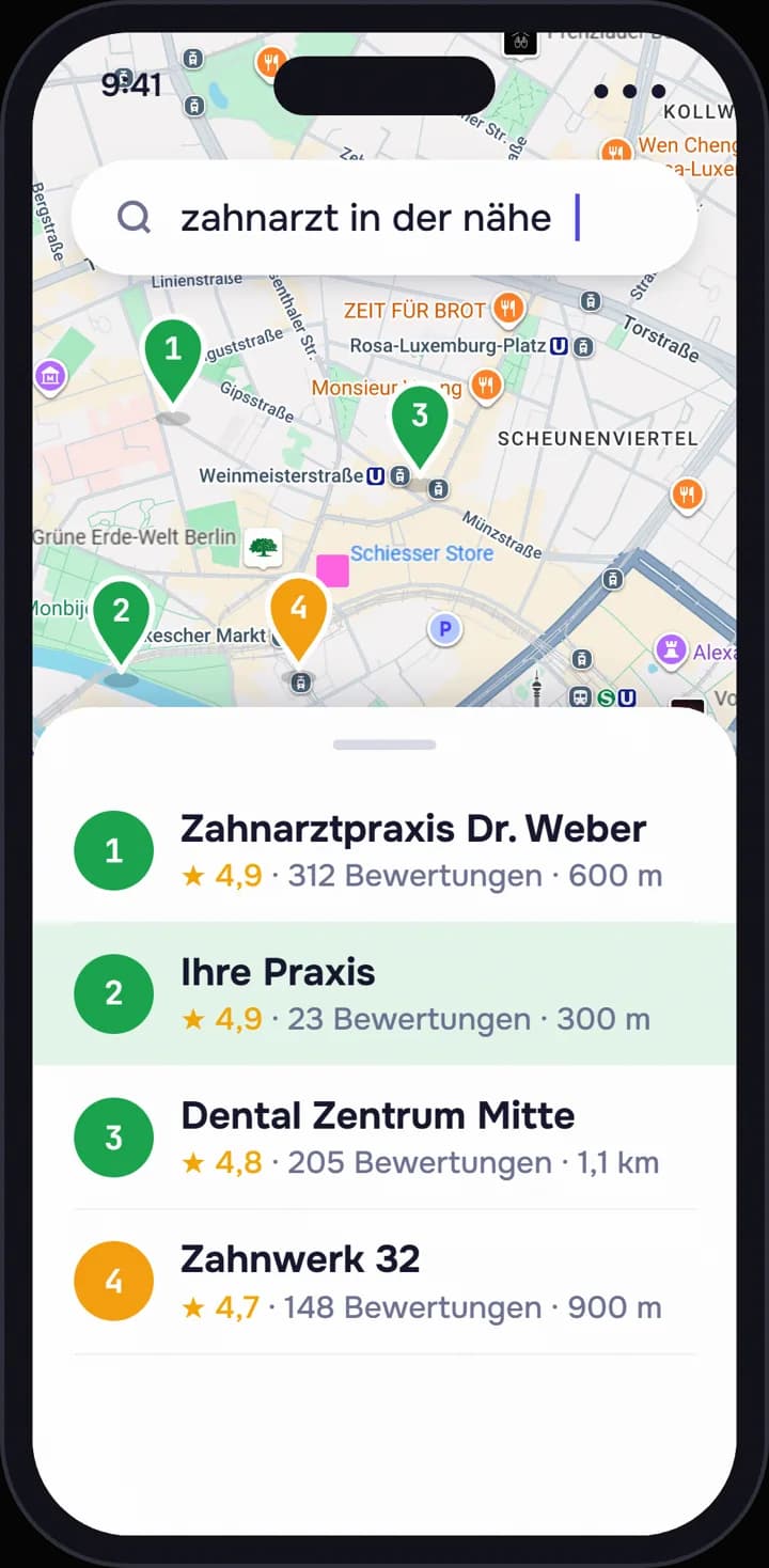 Nachher: dieselbe Suche, die Praxis oben in der Liste