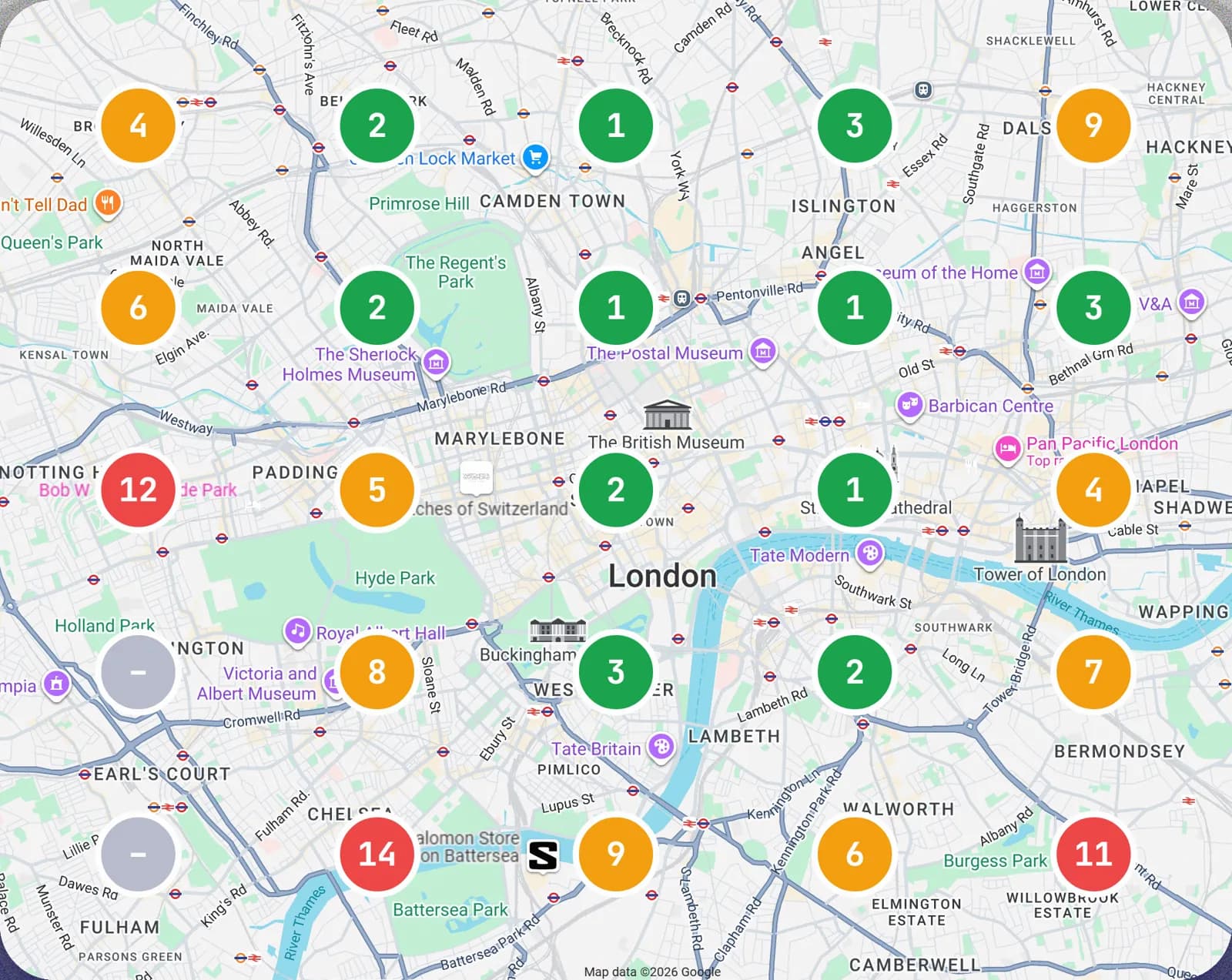 Map of London with 25 points: at each, your place in a search made from there