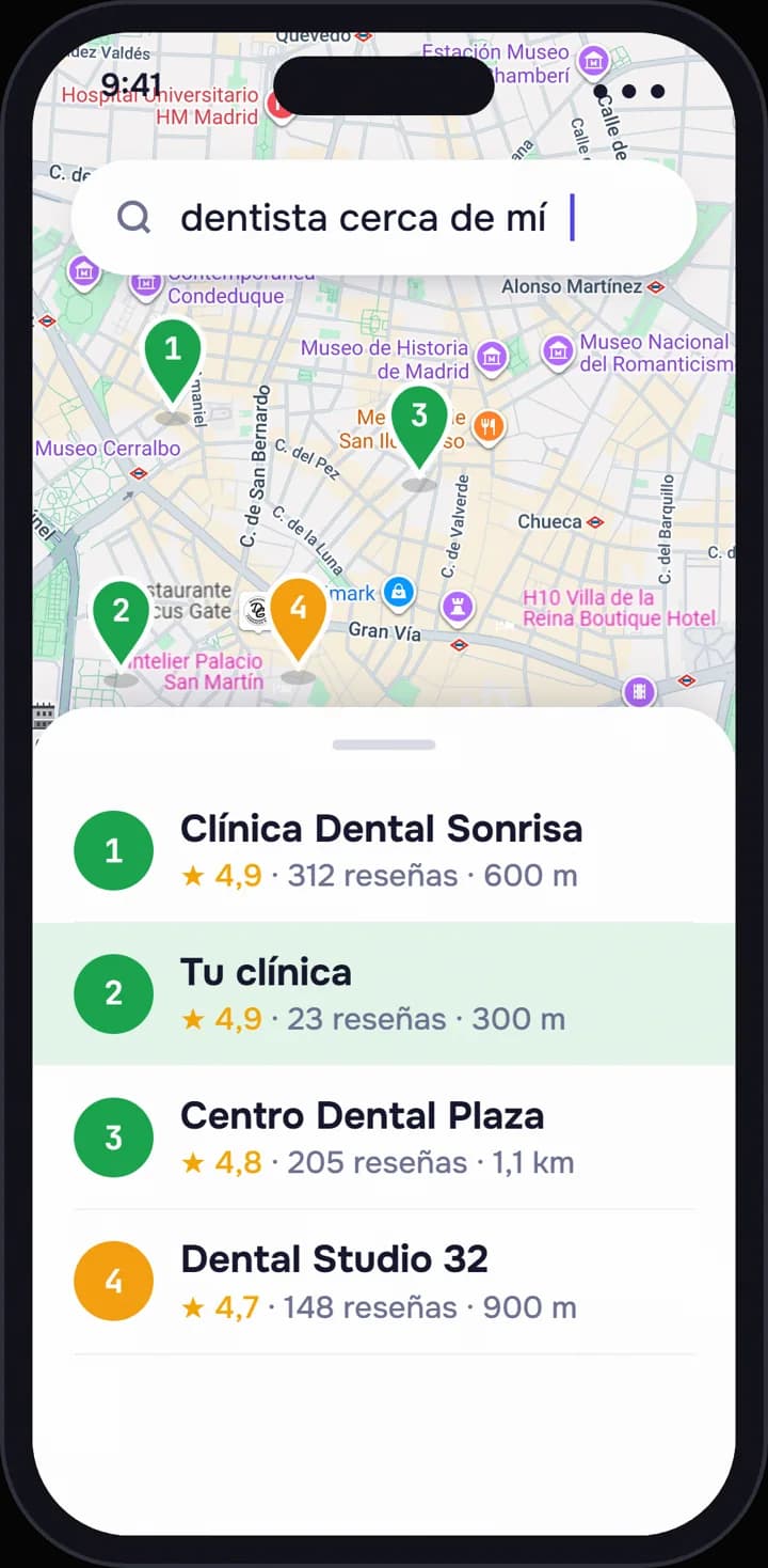 Después: la misma búsqueda; la clínica, arriba en la lista