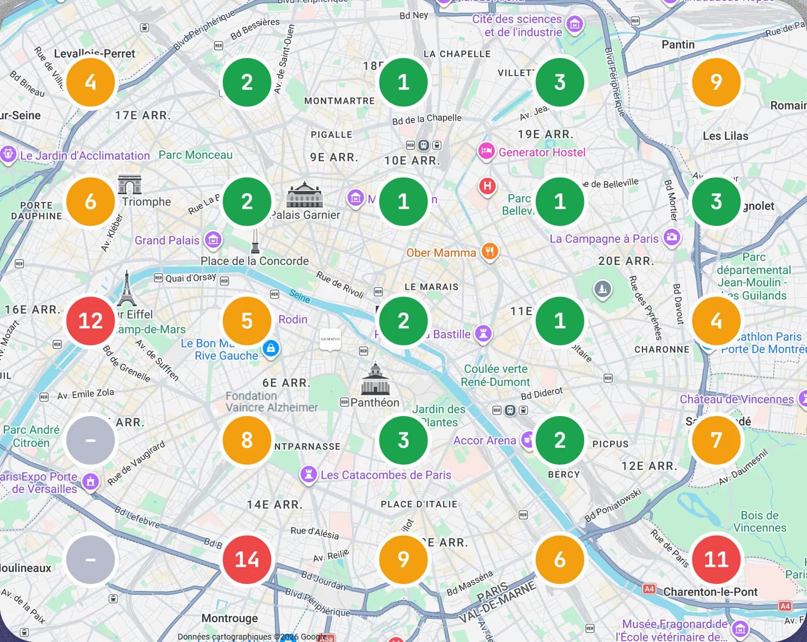 Carte de Paris avec 25 points : sur chacun, votre place dans une recherche faite depuis là