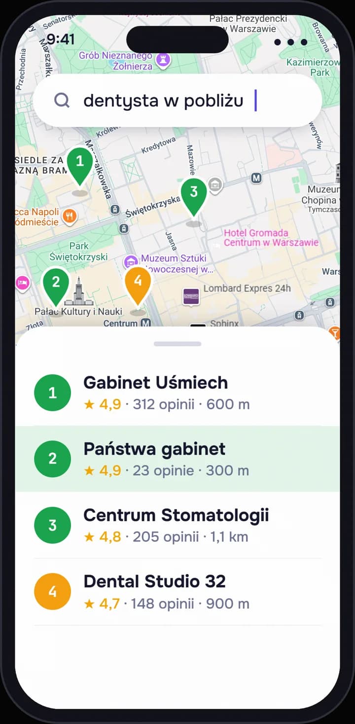 Po: to samo wyszukiwanie, gabinet na górze listy