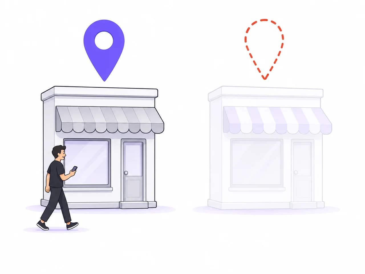 A shop owner checking her phone outside her own shop, while a map beside her shows five competitors pinned and her own business missing.