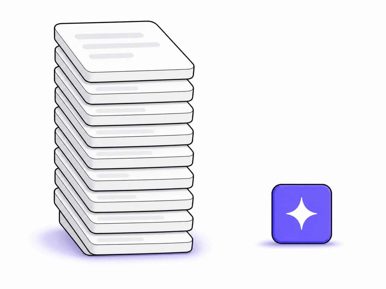 A tall stack of monthly invoices on one side, and a single small violet agent tile doing the same job on the other.