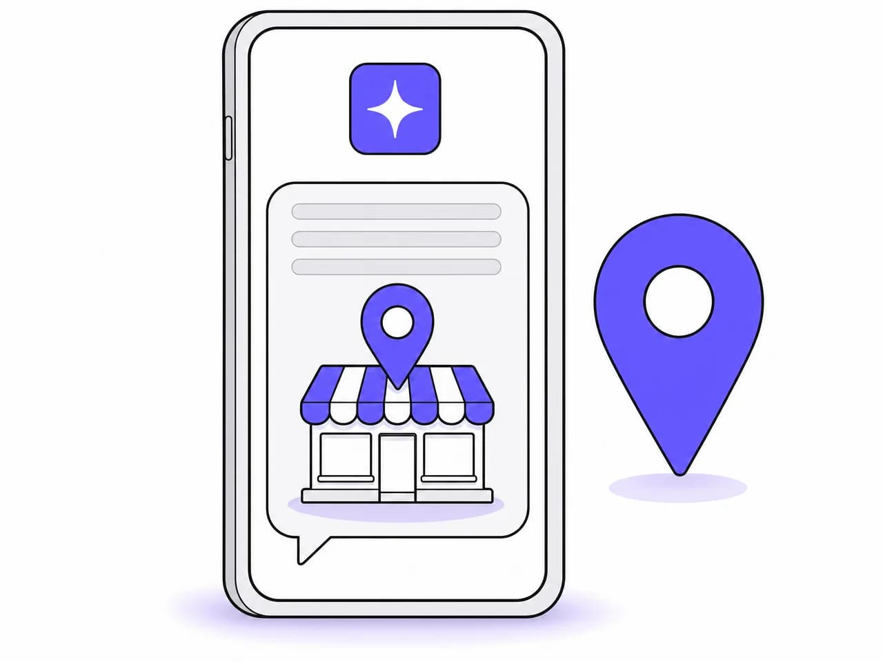 A phone showing an assistant’s answer naming one shop, with that shop lit and pinned on the map behind it.