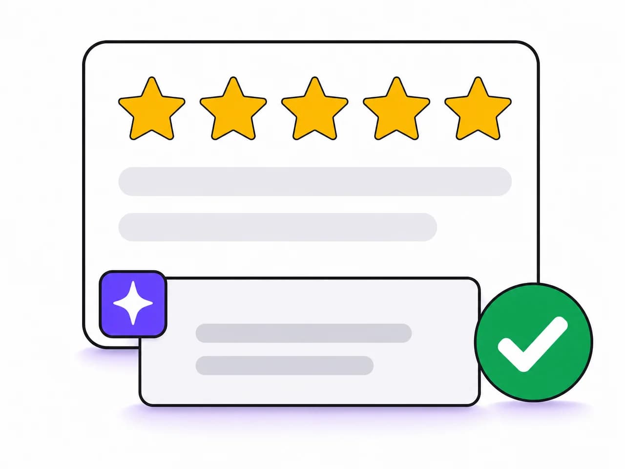 A five-star review card with the reply drafted underneath it and a green tick showing it has been approved.
